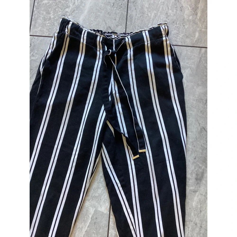 Mango Basics Black White Stripe Paperbag Waist Tie Belt Cropped Pants Women's S
